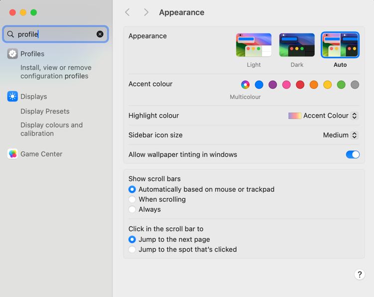 macOS settings cog prompt to select Profiles option